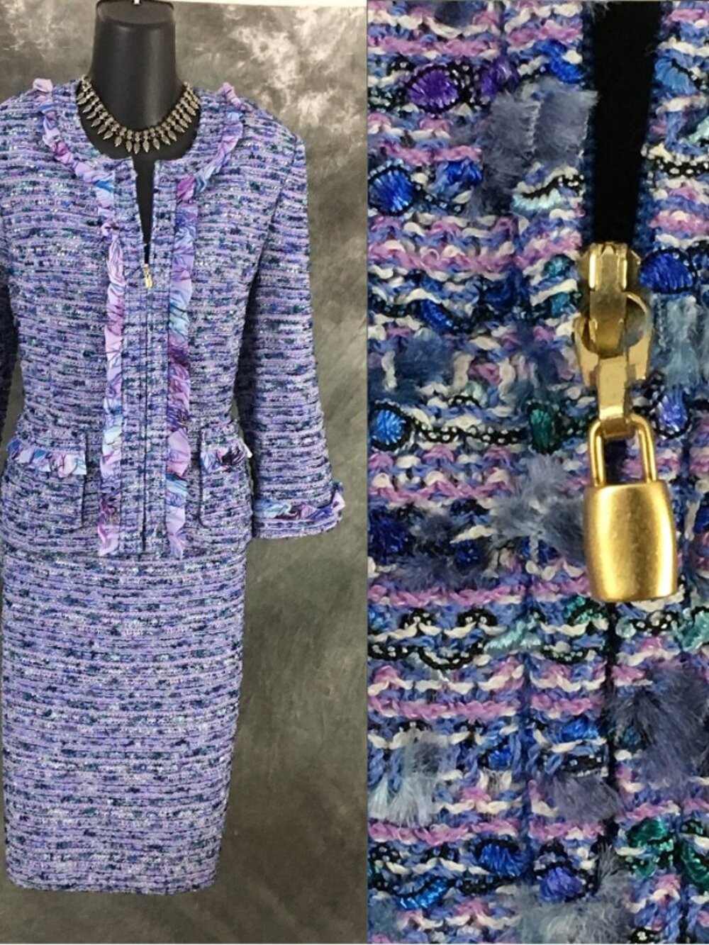 BEAUTIFUL St John knit purple blue multi jacket skirt suit size 6